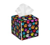 Tissue Box Cover Square Colorful Dog Paw Print PU Leather Tissue Box Holder Cute Animal Paw Print Waterproof Tissues Cube Organizer for Car Bathroom Office Home Desk Tabletop Decor