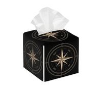 Tissue Box Cover Square Compass Rose Black PU Leather Tissue Box Holder Waterproof Tissues Cube Organizer for Car Bathroom Office Home Desk Tabletop Decor