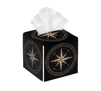 Tissue Box Cover Square Compass Rose PU Leather Tissue Box Holder Artwork Black Waterproof Tissues Cube Organizer for Car Bathroom Office Home Desk Tabletop Decor