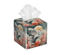 Tissue Box Cover Square Crane Flower Japanese Bird PU Leather Tissue Box Holder Waterproof Tissues Cube Organizer for Car Bathroom Office Home Desk Tabletop Decor