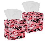 Tissue Box Cover Square, Decorative Tissue Box Holder Facial Paper Organizer Dispenser for Tabletop, Bathroom, Office, Car, Japanese Pink Flowers