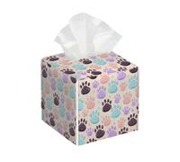 Tissue Box Cover Square Dog Cat Paw Print PU Leather Tissue Box Holder Cute Animal Paws Waterproof Tissues Cube Organizer for Car Bathroom Office Home Desk Tabletop Decor