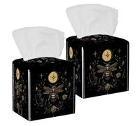 Tissue Box Cover, Square Facial Tissue Holder Storage Container for Bathroom Vanity Counter Tops Night Stand Offices Desk Car - Goldern Bee Plants Flowers Phases of the Moon Stars Pattern