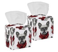 Tissue Box Cover, Square Facial Tissue Holder Storage Container for Bathroom Vanity Counter Tops Night Stand Offices Desk Car - French Bulldog Wear Glasses and Scarf Seamless Pattern