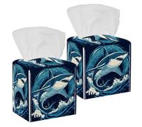 Tissue Box Cover, Square Facial Tissue Holder Storage Container for Bathroom Vanity Counter Tops Night Stand Offices Desk Car - Shark Surfing in the Deep Blue Sea Wave