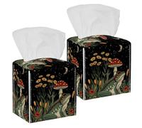Tissue Box Cover, Square Facial Tissue Holder Storage Container for Bathroom Vanity Counter Tops Night Stand Offices Desk Car - Frog Retro Mushroom Wildflower Moon Stars Pattern