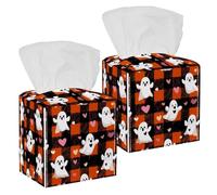 Tissue Box Cover, Square Facial Tissue Holder Storage Container for Bathroom Vanity Counter Tops Night Stand Offices Desk Car - Cute Halloween Ghosts on Orange and Black Plaid