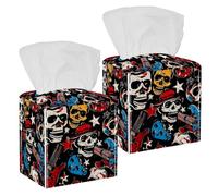 Tissue Box Cover, Square Facial Tissue Holder Storage Container for Bathroom Vanity Counter Tops Night Stand Offices Desk Car - Crazy Rock Abstract Skulls Pins Guitars Rock Disk Stars Lips