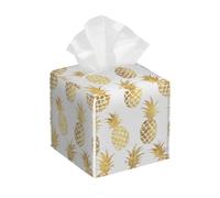 Tissue Box Cover Square Gold Pineapple PU Leather Tissue Box Holder Pineapple Pattern Waterproof Tissues Cube Organizer for Car Bathroom Office Home Desk Tabletop Decor