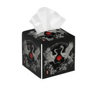 Tissue Box Cover Square Japanese Crane PU Leather Tissue Box Holder Crane Flower Waterproof Tissues Cube Organizer for Car Bathroom Office Home Desk Tabletop Decor