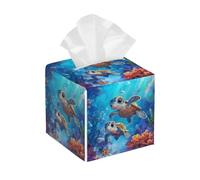 Tissue Box Cover Square Leather, Baby Turtle Sea Tissue Holder Facial Paper Organizer Dispenser for Tabletop Bathroom Tabletop Car