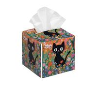 Tissue Box Cover Square Leather, Black Cat in The Flowers Floral Garden Print Tissue Holder Facial Paper Organizer Dispenser for Tabletop Bathroom Tabletop Car