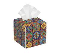 Tissue Box Cover Square Leather, Boho Datura Mandala Patchworkabstract Art Tissue Holder Facial Paper Organizer Dispenser for Tabletop Bathroom Tabletop Car