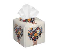 Tissue Box Cover Square Leather, Bouquet Heart Shaped Flowers Tissue Holder Facial Paper Organizer Dispenser for Tabletop Bathroom Tabletop Car