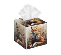 Tissue Box Cover Square Leather, Cartoon Foxes in The Flowers Animals Print Tissue Holder Facial Paper Organizer Dispenser for Tabletop Bathroom Tabletop Car