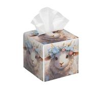 Tissue Box Cover Square Leather, Cartoon Sheep with Flowers Beautiful Aries Tissue Holder Facial Paper Organizer Dispenser for Tabletop Bathroom Tabletop Car