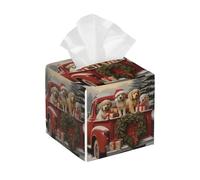Tissue Box Cover Square Leather, Christmas Dogs Cute Winter Puppy Tissue Holder Facial Paper Organizer Dispenser for Tabletop Bathroom Tabletop Car