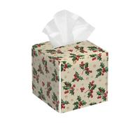 Tissue Box Cover Square Leather, Christmas Poinsettia Flower Holly Berry Tissue Holder Facial Paper Organizer Dispenser for Tabletop Bathroom Tabletop Car