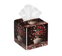 Tissue Box Cover Square Leather, Coffee Cup Love Hearts Romantic Valentine's Day Theme Tissue Holder Facial Paper Organizer Dispenser for Tabletop Bathroom Tabletop Car