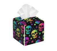 Tissue Box Cover Square Leather, Colorful Skull Neon Lamp Tissue Holder Facial Paper Organizer Dispenser for Tabletop Bathroom Tabletop Car