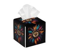 Tissue Box Cover Square Leather, Compass Colorful Native American Feather Tissue Holder Facial Paper Organizer Dispenser for Tabletop Bathroom Tabletop Car