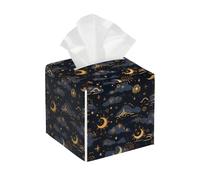 Tissue Box Cover Square Leather, Dark Night Golden Starry Sky Element Moon and Stars Tissue Holder Facial Paper Organizer Dispenser for Tabletop Bathroom Tabletop Car