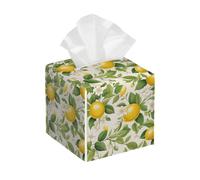 Tissue Box Cover Square Leather, Green Leaves Lemon Fruits Flowers Tissue Holder Facial Paper Organizer Dispenser for Tabletop Bathroom Tabletop Car
