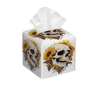 Tissue Box Cover Square Leather, Halloween Skull Gothic Skeleton Sunflower Tissue Holder Facial Paper Organizer Dispenser for Tabletop Bathroom Tabletop Car