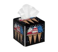 Tissue Box Cover Square Leather, Independence Day American Flag Ice Cream Tissue Holder Facial Paper Organizer Dispenser for Tabletop Bathroom Tabletop Car