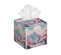 Tissue Box Cover Square Leather, Japanese Snow Capped Mountains Cherry Blossoms Moon Tissue Holder Facial Paper Organizer Dispenser for Tabletop Bathroom Tabletop Car