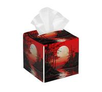 Tissue Box Cover Square Leather, Japanese Style Red Sunrise Bamboo Tissue Holder Facial Paper Organizer Dispenser for Tabletop Bathroom Tabletop Car