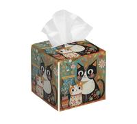 Tissue Box Cover Square Leather, Retro Boho Cat Tissue Holder Facial Paper Organizer Dispenser for Tabletop Bathroom Tabletop Car