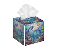 Tissue Box Cover Square Leather, Sea Animals Dolphin Underwater Turtle Fish Tissue Holder Facial Paper Organizer Dispenser for Tabletop Bathroom Tabletop Car