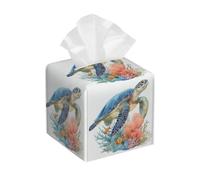 Tissue Box Cover Square Leather, Sea Turtle Coastal Nautical Theme Tissue Holder Facial Paper Organizer Dispenser for Tabletop Bathroom Tabletop Car