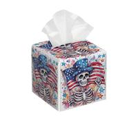 Tissue Box Cover Square Leather, Skeleton Skull American Flag Tissue Holder Facial Paper Organizer Dispenser for Tabletop Bathroom Tabletop Car