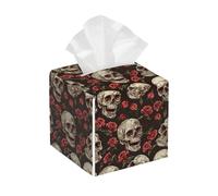 Tissue Box Cover Square Leather, Sugar Skull Halloween Red Rose Flower Skeleton Print Tissue Holder Facial Paper Organizer Dispenser for Tabletop Bathroom Tabletop Car