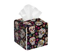 Tissue Box Cover Square Leather, Sugar Skull Halloween Skeleton Floral Day of The Dead Tissue Holder Facial Paper Organizer Dispenser for Tabletop Bathroom Tabletop Car