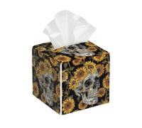 Tissue Box Cover Square Leather, Sugar Skull Vintage Skeleton Sunflower Floral Plant Tissue Holder Facial Paper Organizer Dispenser for Tabletop Bathroom Tabletop Car