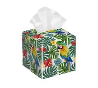 Tissue Box Cover Square Leather, Tropical Bird Parrot Jungle Botanical Plant Hibiscus Palm Tissue Holder Facial Paper Organizer Dispenser for Tabletop Bathroom Tabletop Car