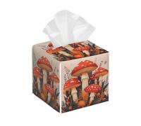 Tissue Box Cover Square Leather, Vintage Mushroom Botanical Flowers Plants Tissue Holder Facial Paper Organizer Dispenser for Tabletop Bathroom Tabletop Car