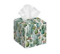 Tissue Box Cover Square Leather, Watercolor Cactus Floral Botanical Green Plants Tissue Holder Facial Paper Organizer Dispenser for Tabletop Bathroom Tabletop Car