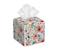 Tissue Box Cover Square Leather, Watercolor Flowers and Green Plant Artwork Print Tissue Holder Facial Paper Organizer Dispenser for Tabletop Bathroom Tabletop Car