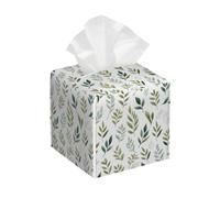Tissue Box Cover Square Leather, Watercolor Leaves Green Plant Tissue Holder Facial Paper Organizer Dispenser for Tabletop Bathroom Tabletop Car