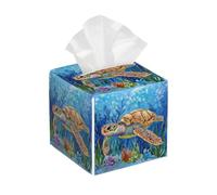 Tissue Box Cover Square Leather, Watercolor Sea Turtle Tissue Holder Facial Paper Organizer Dispenser for Tabletop Bathroom Tabletop Car