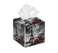Tissue Box Cover Square Paris Eiffel Tower PU Leather Tissue Box Holder Red Old Car Waterproof Tissues Cube Organizer for Car Bathroom Office Home Desk Tabletop Decor