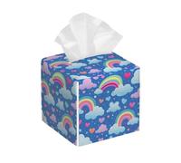 Tissue Box Cover Square Pu Leather Tissue Box Holder Waterproof Paper Organizer Dispenser for Bathroom Kitchen Bedroom Car Office Cute Rainbow Love Heart Clouds