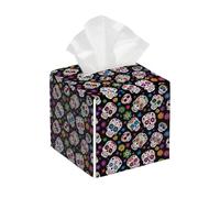 Tissue Box Cover Square Sugar Flower Skull PU Leather Tissue Box Holder Day Of The Dead Skull Waterproof Tissues Cube Organizer for Car Bathroom Office Home Desk Tabletop Decor