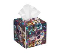 Tissue Box Cover Square Tissues Cube Boxes PU Leather Tissue Holder Sugar Skulls Tissue Box Facial Tissues Case Decorative Paper Organizer Dispenser for Bathroom Bedroom Office