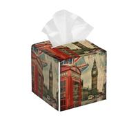 Tissue Box Cover Square Vintage London PU Leather Tissue Box Holder Union Jack Waterproof Tissues Cube Organizer for Car Bathroom Office Home Desk Tabletop Decor