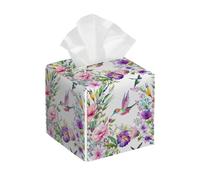 Tissue Box Cover Square Watercolor Iris Flowers Hummingbird PU Leather Tissue Box Holder Waterproof Tissues Cube Organizer for Car Bathroom Office Home Desk Tabletop Decor